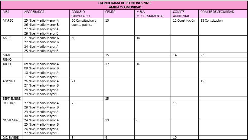 Cronograma de reuniones 2025 familia y comunidad